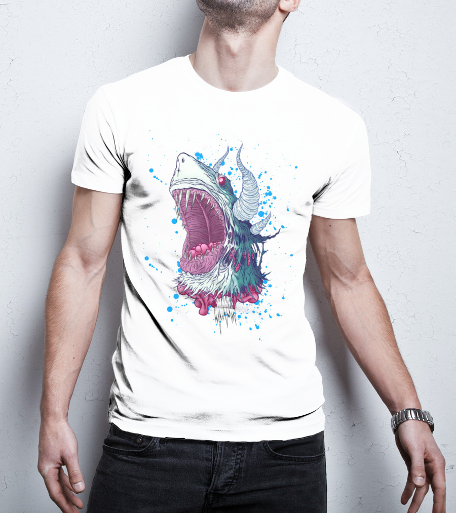 Monster Shark Scream With Horns And Splatter T-Shirt