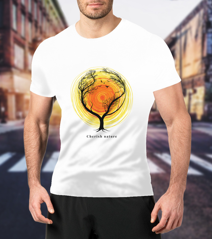 Cherish Nature Tree Silhouette With Birds And Vibrant Spiral Sun T-Shirt