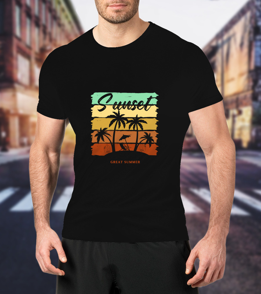 Sunset Great Summer Palm Trees Beach Scene T-Shirt