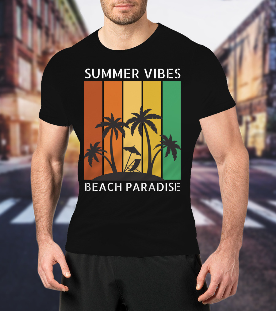 SUMMER VIBES BEACH PARADISE Palm Trees And Lounge Chair On Sunset Stripes T-Shirt