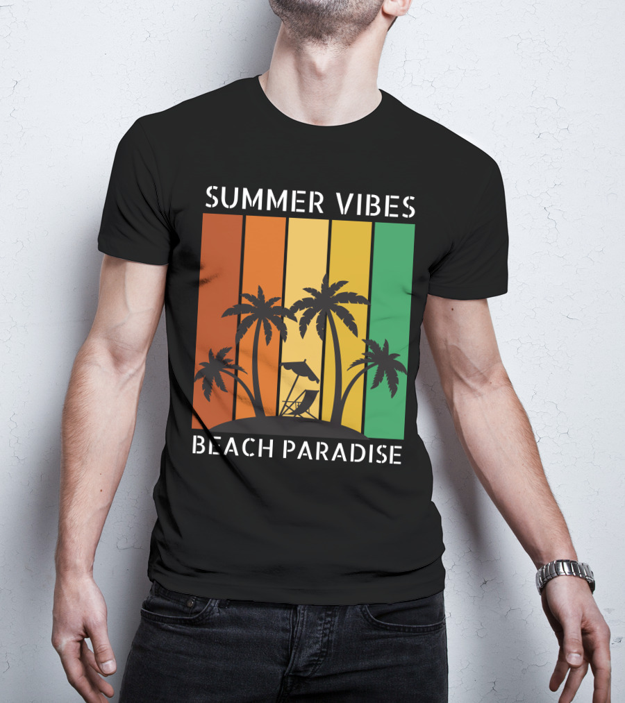 SUMMER VIBES BEACH PARADISE Palm Trees And Lounge Chair On Sunset Stripes T-Shirt
