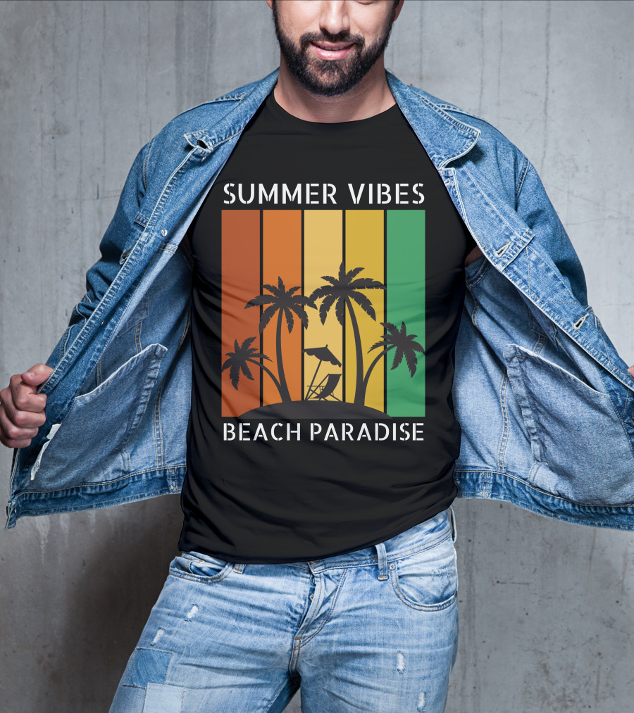 SUMMER VIBES BEACH PARADISE Palm Trees And Lounge Chair On Sunset Stripes T-Shirt