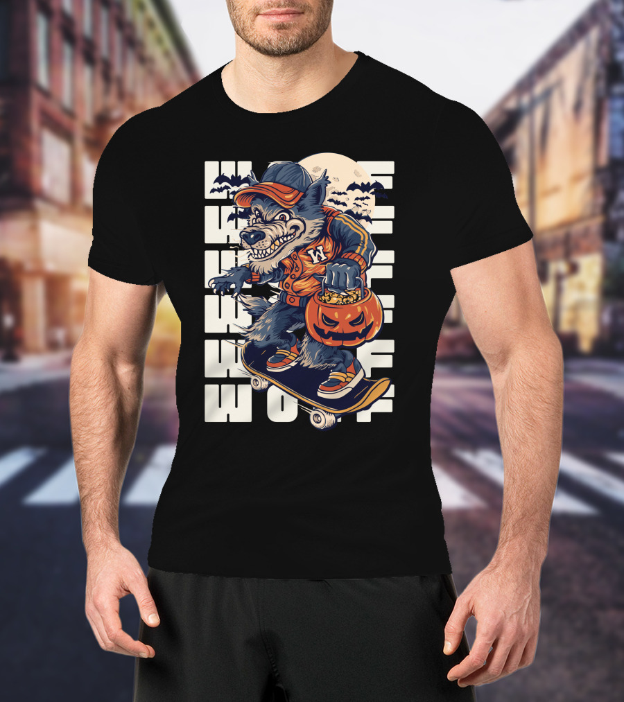 Wolf Trick-or-Treat Skateboarder With Pumpkin And Moon T-Shirt