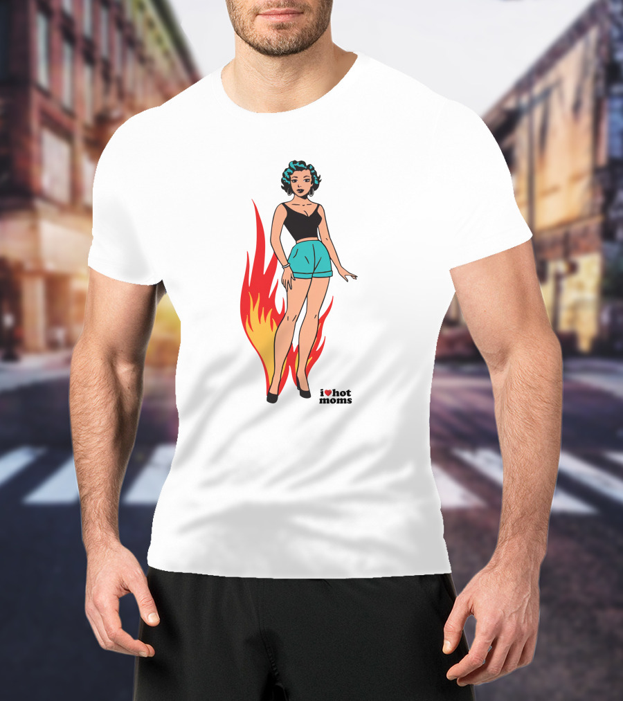 I Heart Hot Moms Vintage Comic Style Flame Background T-Shirt