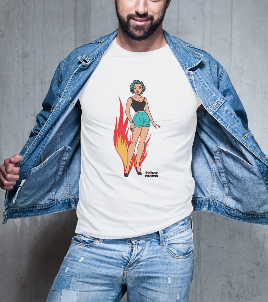 I Heart Hot Moms Vintage Comic Style Flame Background T-Shirt