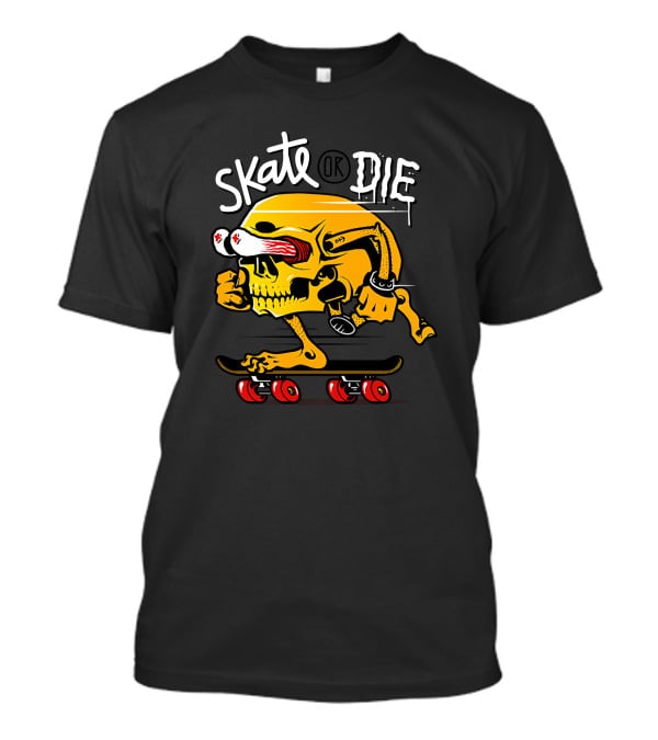 Skate Or Die Thrill-Seeking Skull On Skateboard T-Shirt