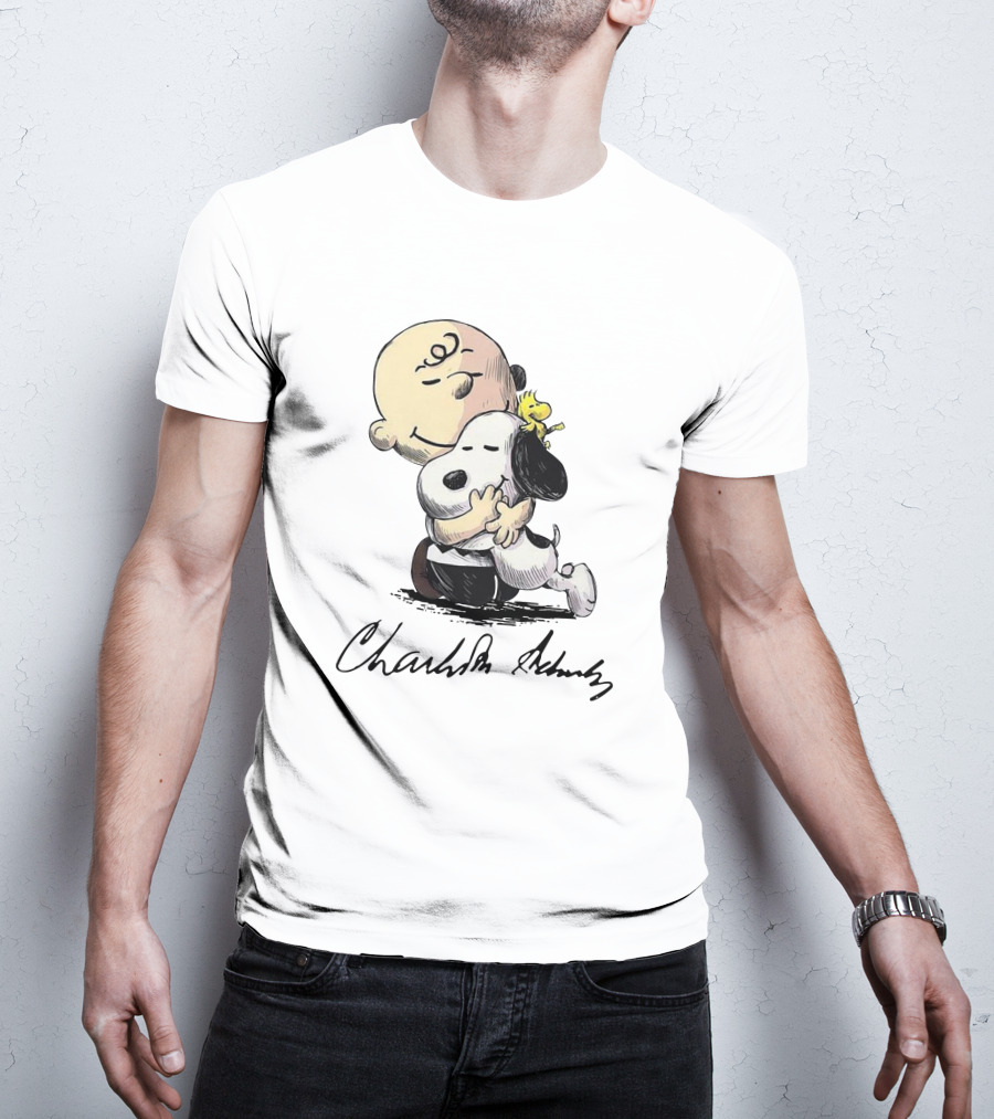 Peanuts Charlie Brown Snoopy Woodstock Hug By Charles Schulz T-Shirt