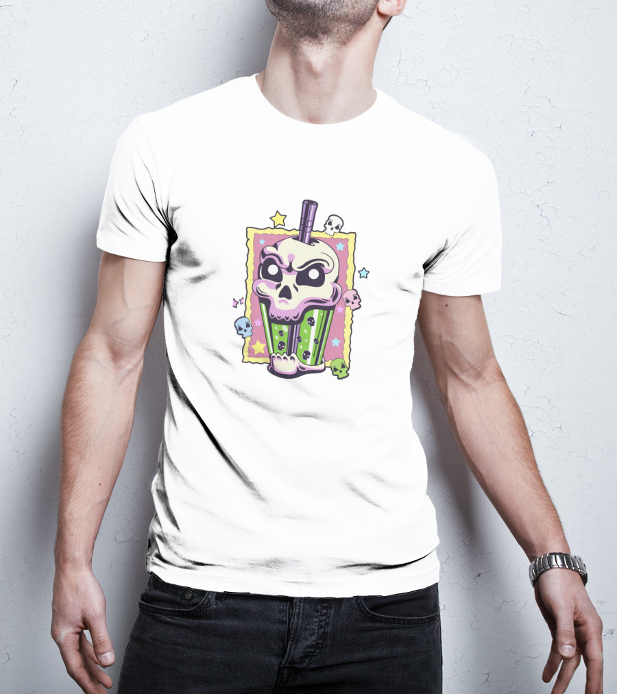 Kawaii Creepy Skull Boba Bubble Stars Pastel Skulls T-Shirt