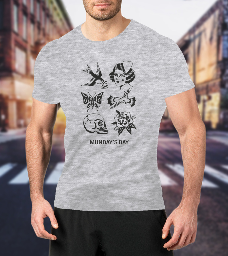Munday's Bay Traditional Tattoo Style Icons Butterfly Skull Rose Swallow Woman Dagger T-Shirt