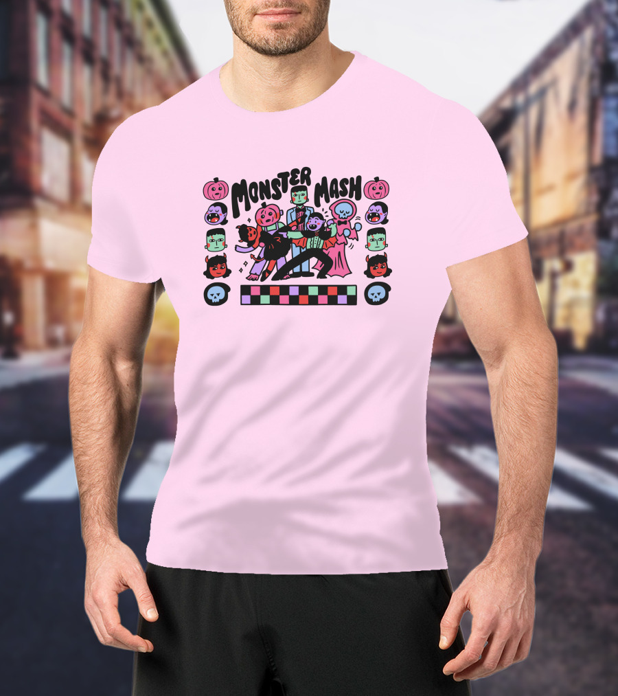 Monster Mash Frankenstein Dracula Ghost Dance Halloween Pumpkins Skulls T-Shirt