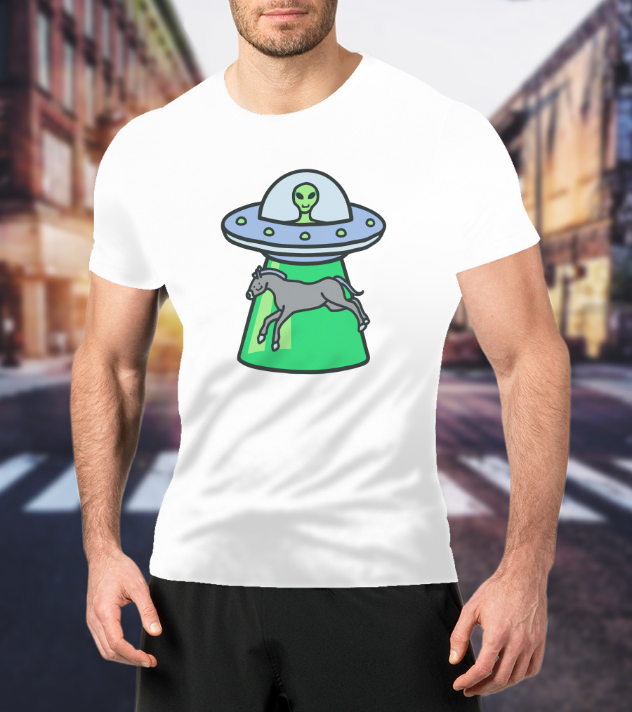Alex's Stupid Studio Alien Lime UFO Abducting Horse T-Shirt