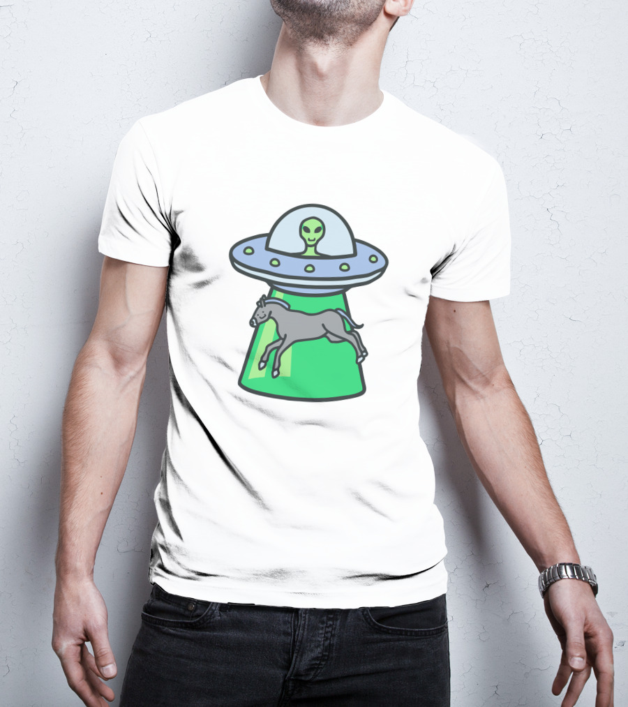 Alex's Stupid Studio Alien Lime UFO Abducting Horse T-Shirt