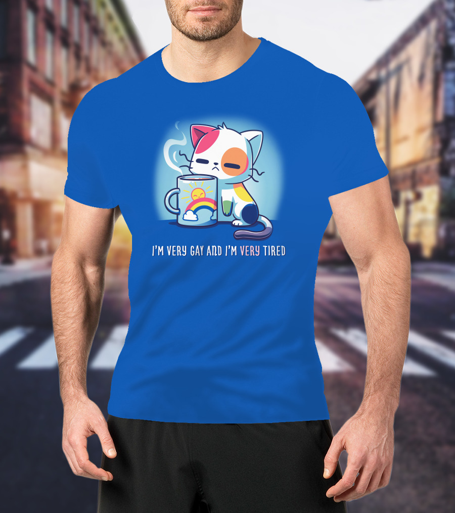 I'm Very Gay And I'm Very Tired Cat With Coffee And Rainbow Sun Cup T-Shirt