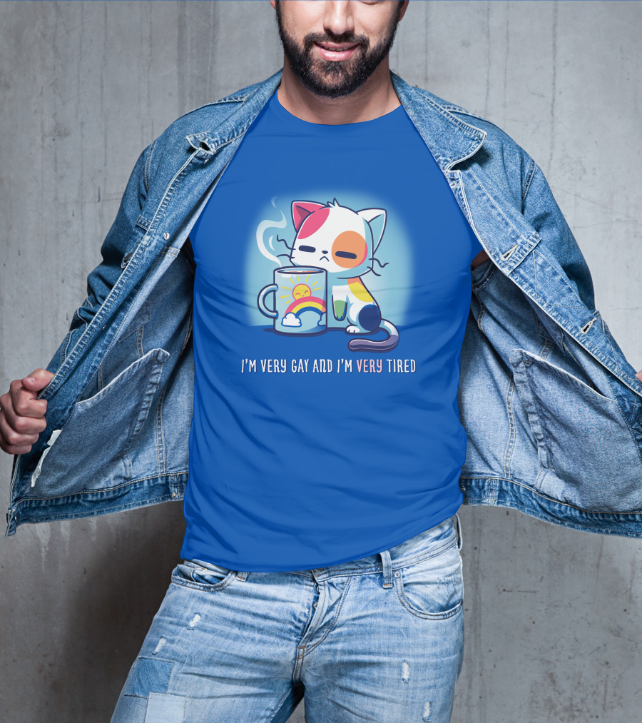 I'm Very Gay And I'm Very Tired Cat With Coffee And Rainbow Sun Cup T-Shirt