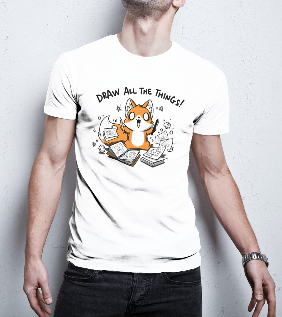 Fox With Sketchbooks And Pens Enthusiastically Draw All The Things T-Shirt