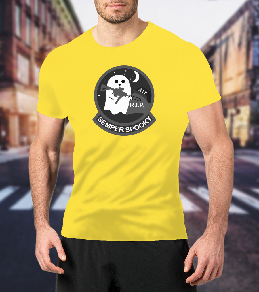 Semper Spooky Ghost With ATF Rifle And RIP Moon Badge T-Shirt