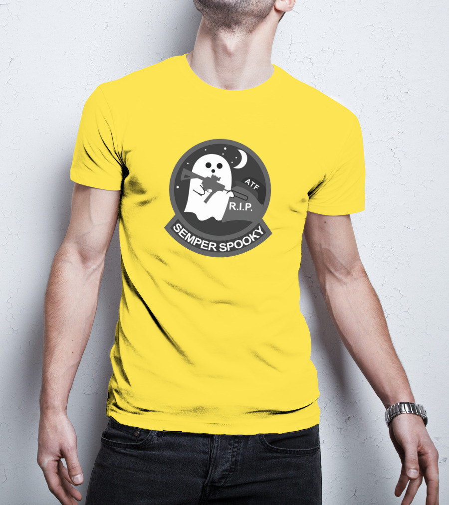 Semper Spooky Ghost With ATF Rifle And RIP Moon Badge T-Shirt