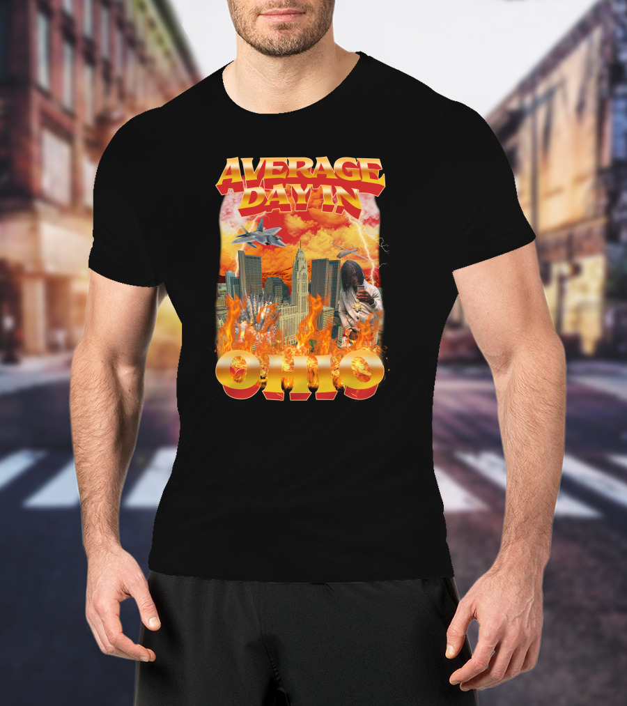 Average Day In Ohio Flaming Cityscape Fighter Jets Chaos T-Shirt