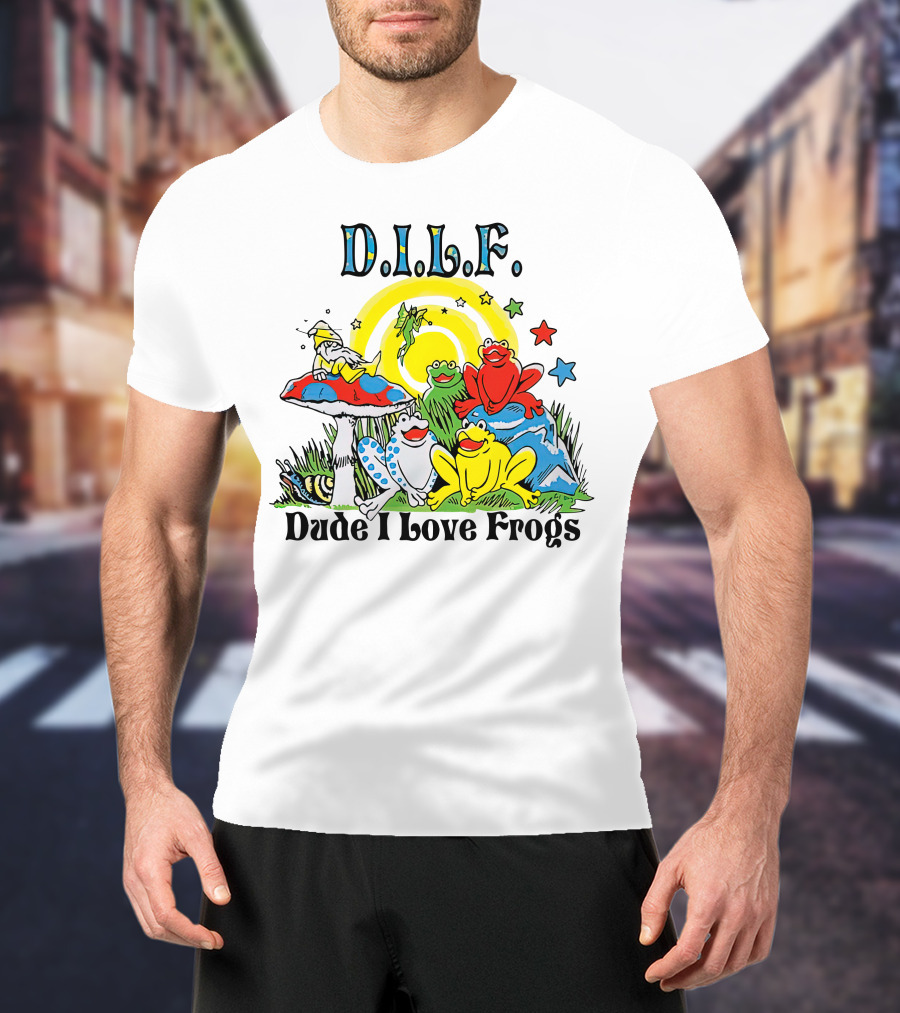 D.I.L.F. Dude I Love Frogs Colorful Frog Scene With Stars And Mushrooms T-Shirt