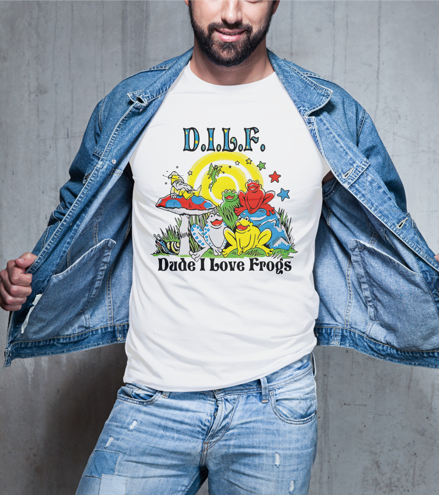 D.I.L.F. Dude I Love Frogs Colorful Frog Scene With Stars And Mushrooms T-Shirt
