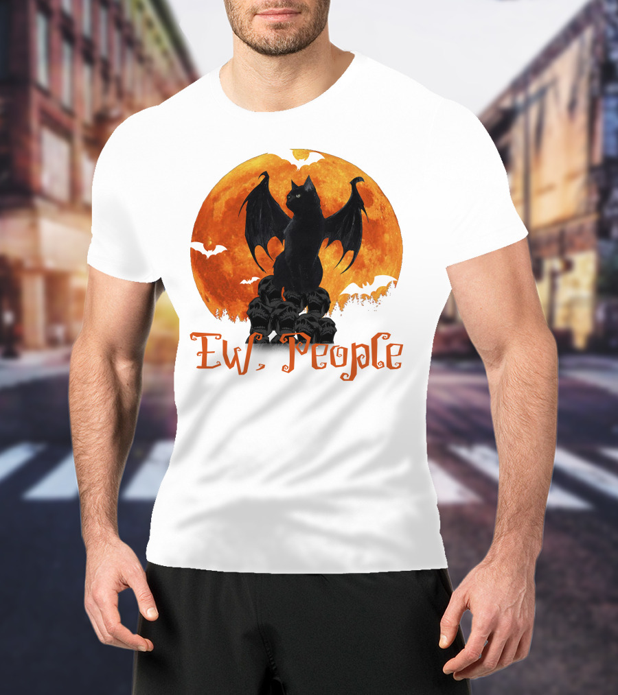 Ew People Black Cat With Bat Wings Halloween Orange Moon T-Shirt