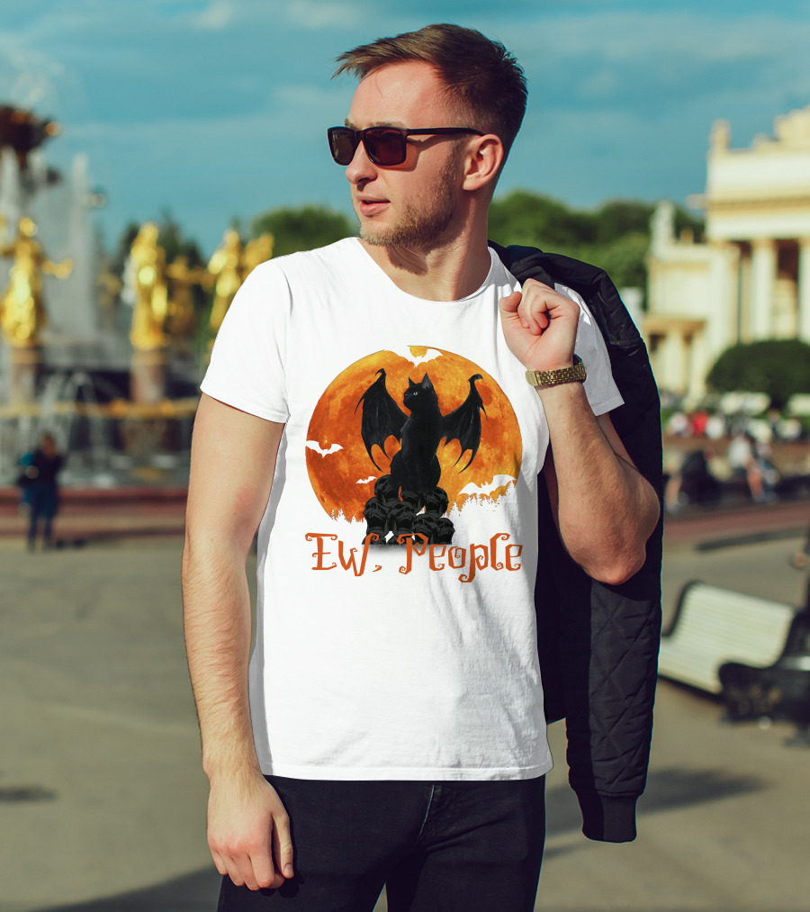 Ew People Black Cat With Bat Wings Halloween Orange Moon T-Shirt