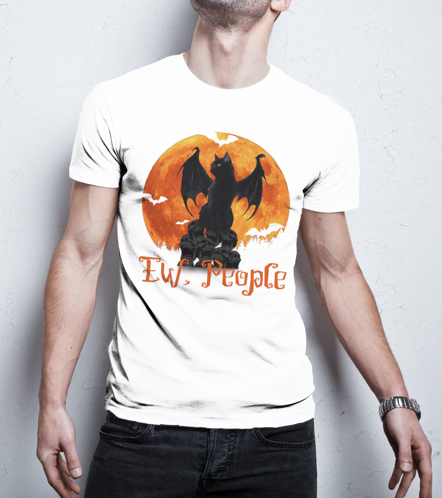 Ew People Black Cat With Bat Wings Halloween Orange Moon T-Shirt