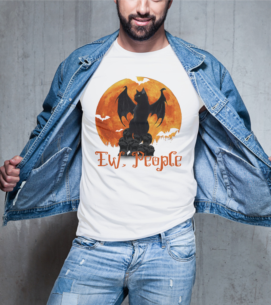 Ew People Black Cat With Bat Wings Halloween Orange Moon T-Shirt