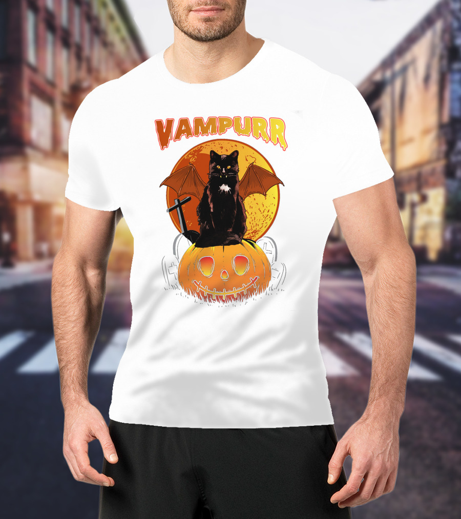 Vampurr Black Cat With Bat Wings And Pumpkin Halloween T-Shirt