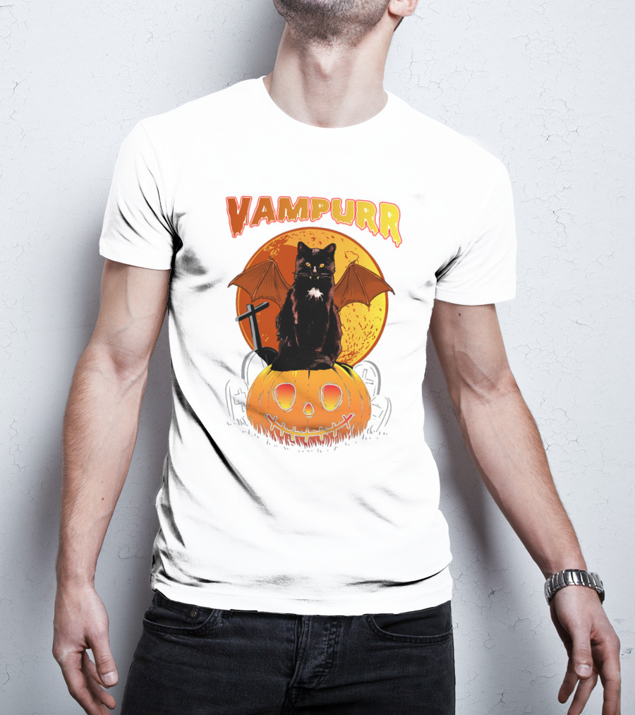 Vampurr Black Cat With Bat Wings And Pumpkin Halloween T-Shirt