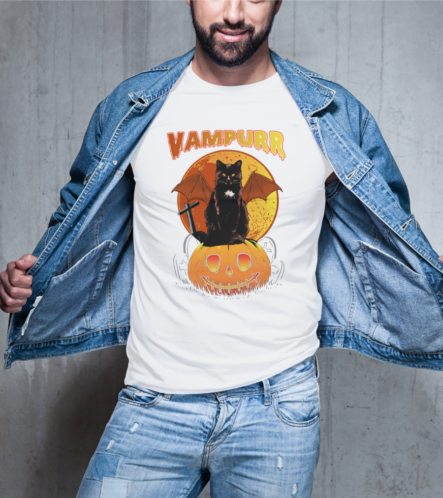 Vampurr Black Cat With Bat Wings And Pumpkin Halloween T-Shirt