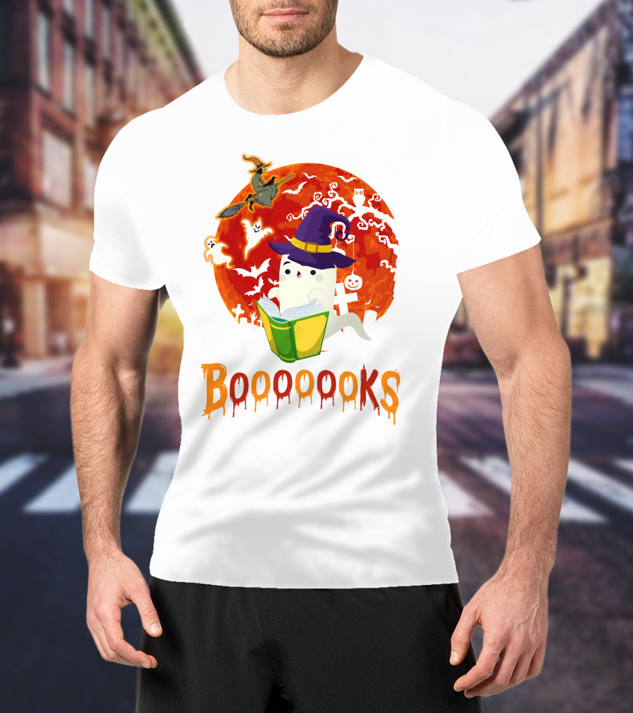 BOOOOOOKS Ghost Reading Witch Hat Halloween Scene T-Shirt