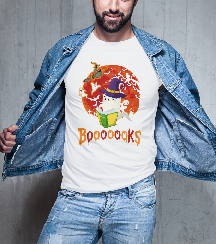 BOOOOOOKS Ghost Reading Witch Hat Halloween Scene T-Shirt