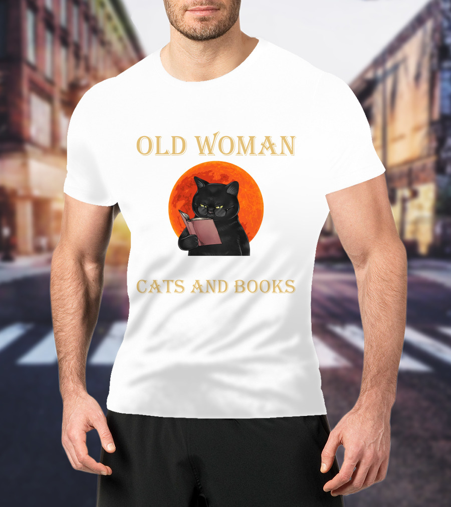 Old Woman Cats And Books Black Cat Reading Orange Moon T-Shirt
