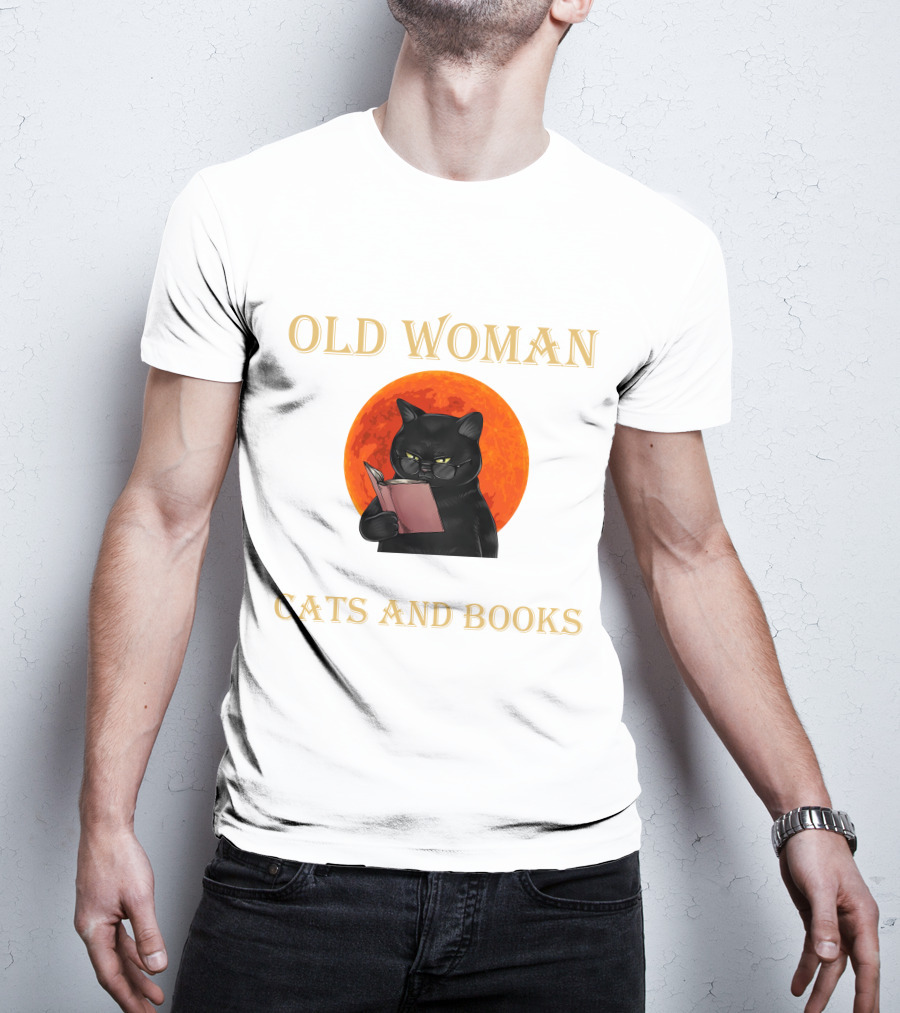 Old Woman Cats And Books Black Cat Reading Orange Moon T-Shirt