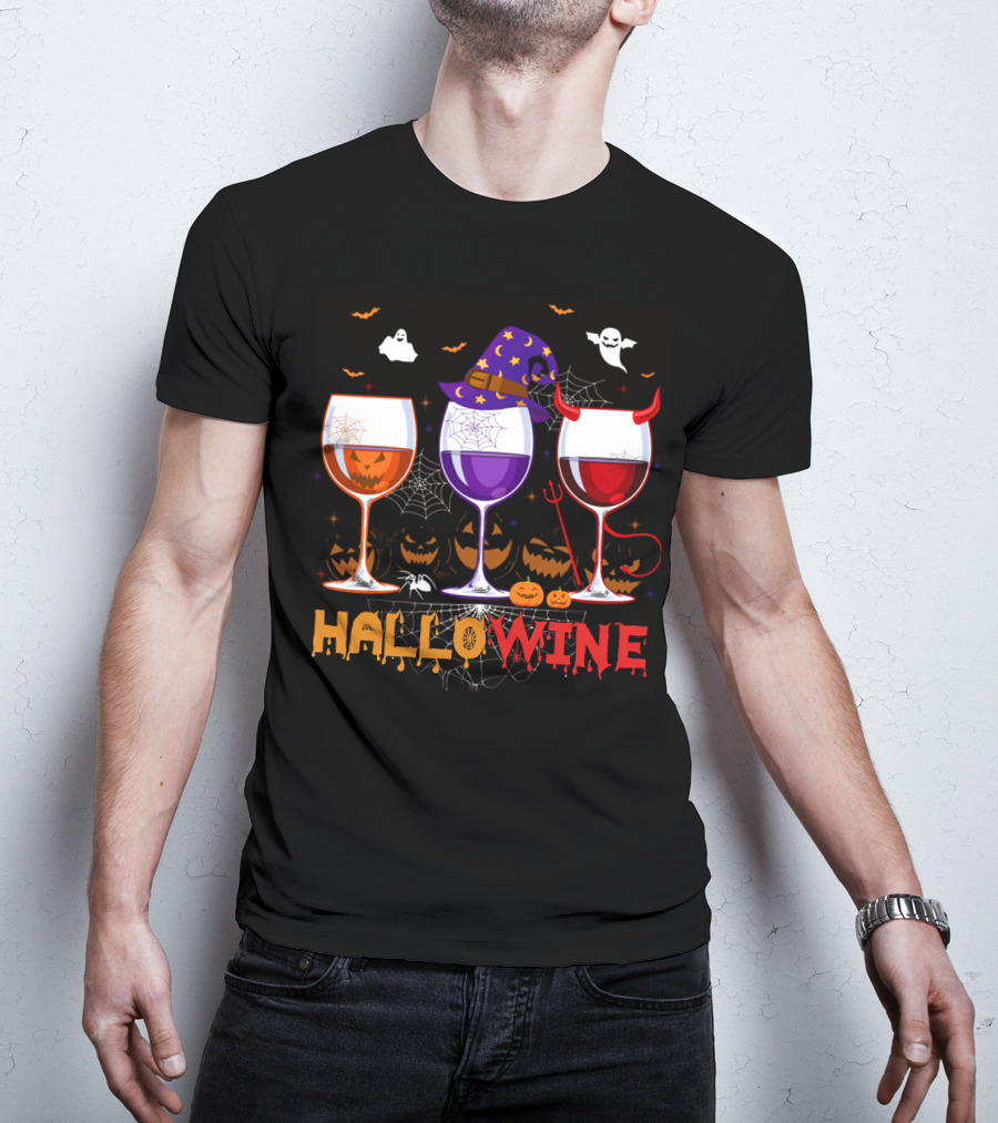 Haloween Hallowine Witch Hat Devil Horns Jack-O'-Lanterns Wine Glasses T-Shirt