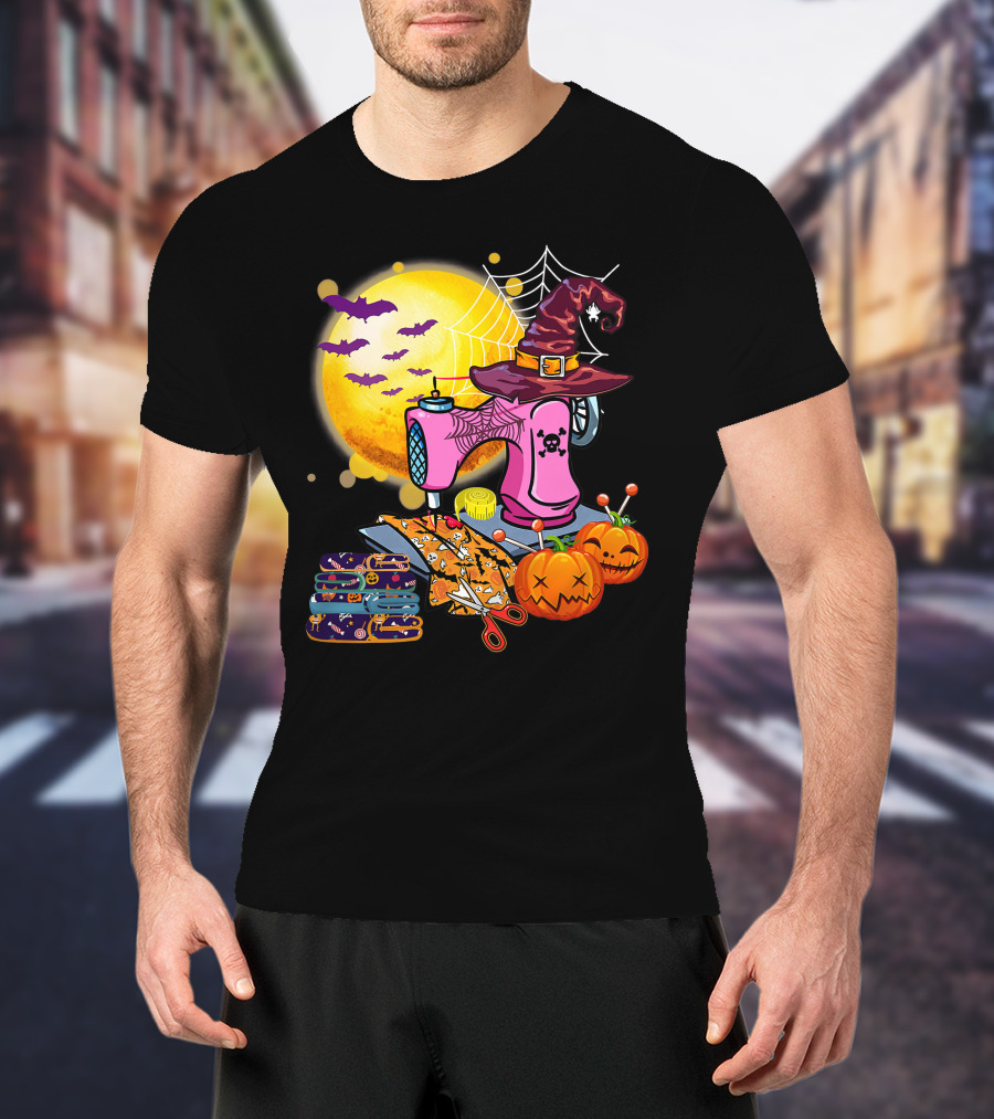 Sewing Machine Witch Hat Halloween Pumpkins Bats Moon T-Shirt