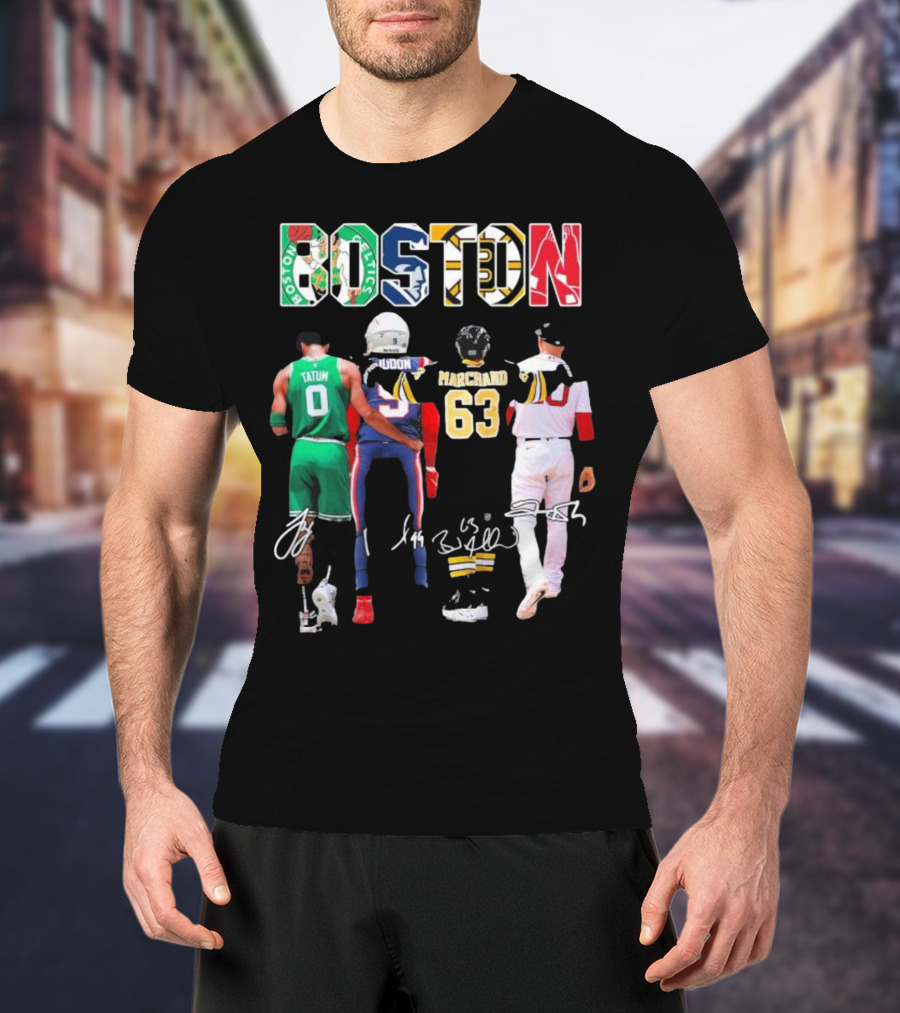 Boston Celtics Patriots Bruins Red Sox Tatum Iddon Marchand Signatures T-Shirt