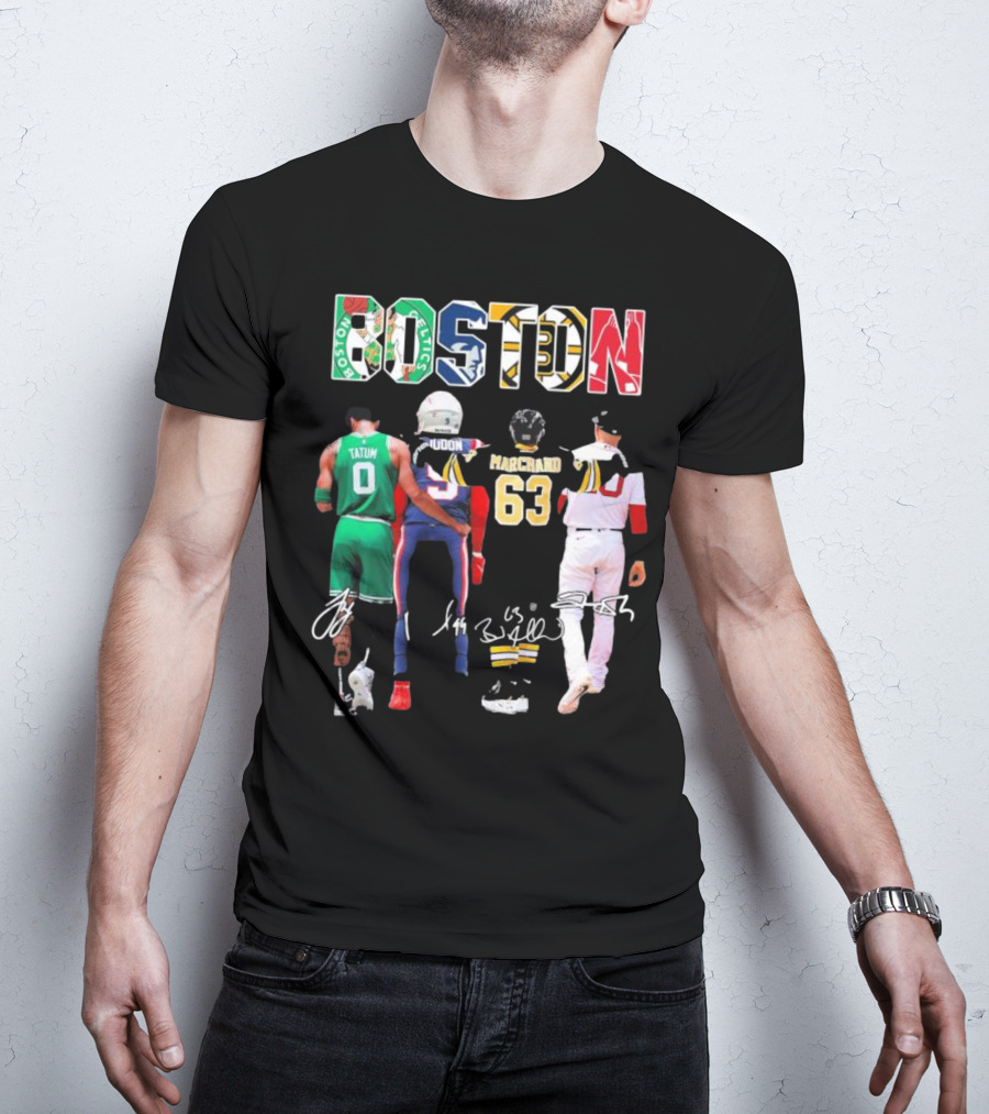 Boston Celtics Patriots Bruins Red Sox Tatum Iddon Marchand Signatures T-Shirt