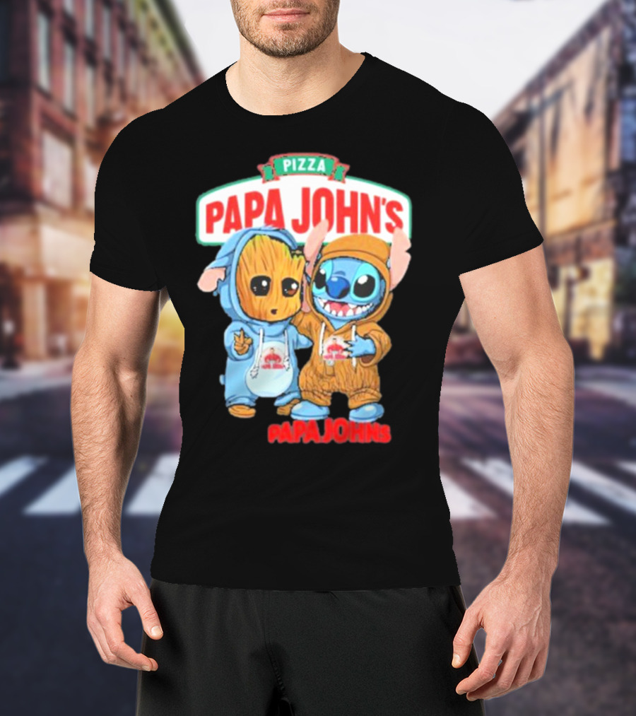 Papa John's Pizza With Groot And Stitch Characters T-Shirt