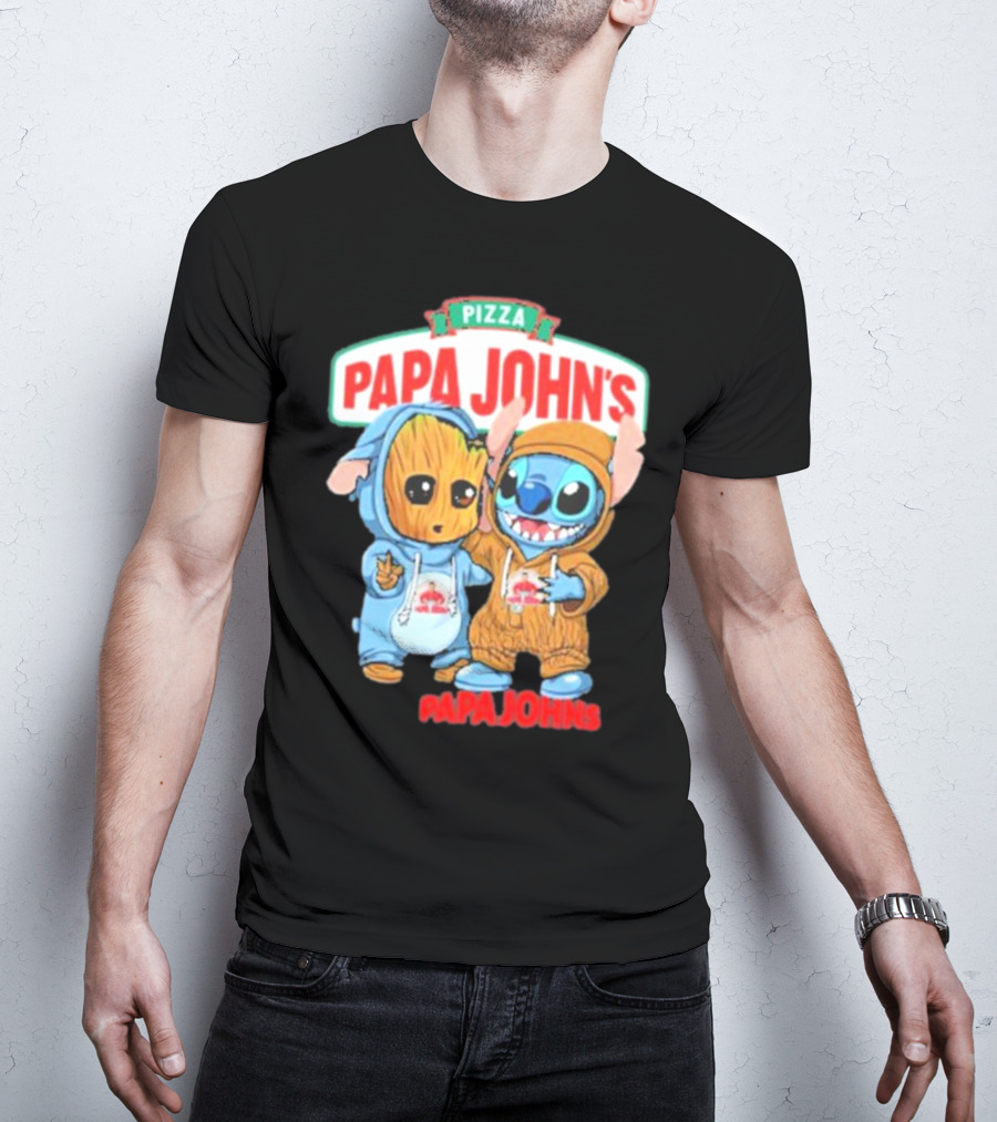 Papa John's Pizza With Groot And Stitch Characters T-Shirt