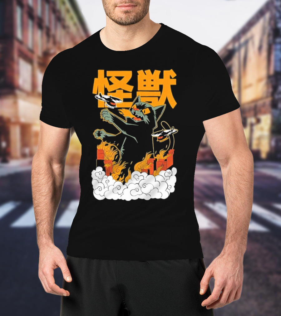 Kaiju No 8 Monster Cat Attack With Helicopters And Flames T-Shirt