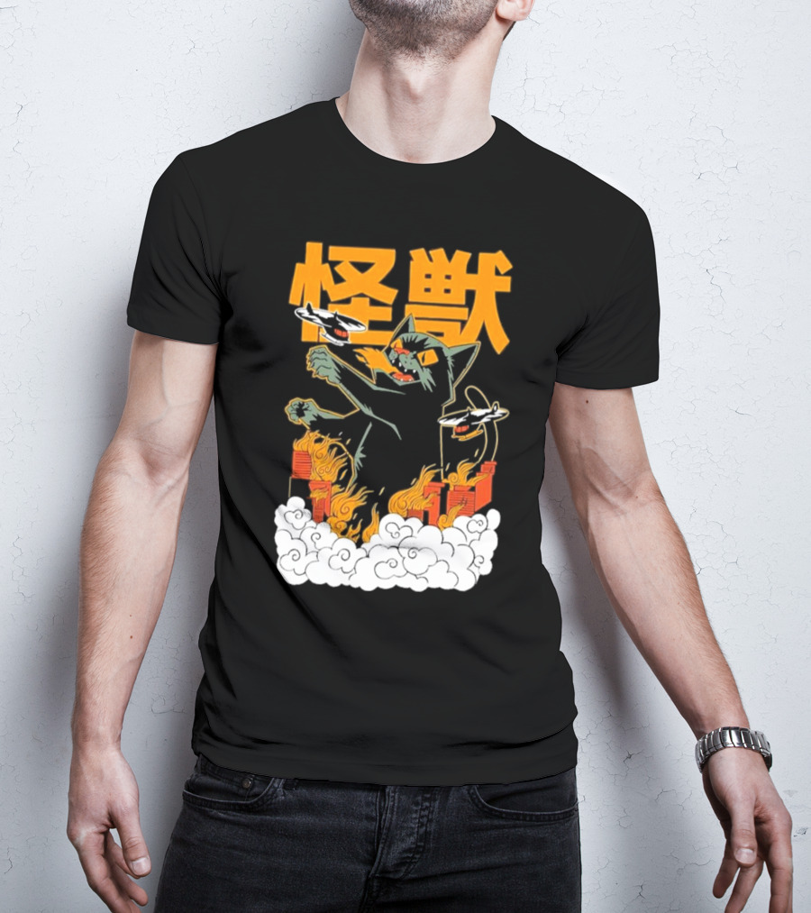 Kaiju No 8 Monster Cat Attack With Helicopters And Flames T-Shirt
