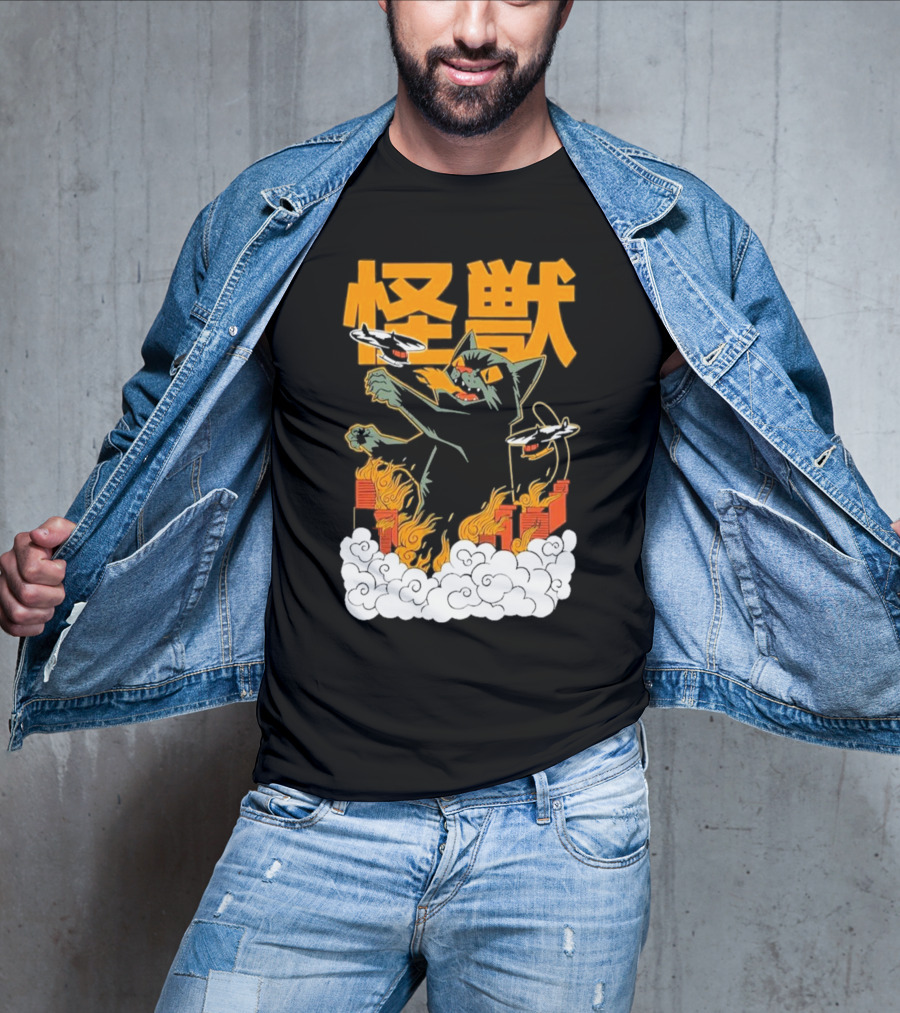 Kaiju No 8 Monster Cat Attack With Helicopters And Flames T-Shirt