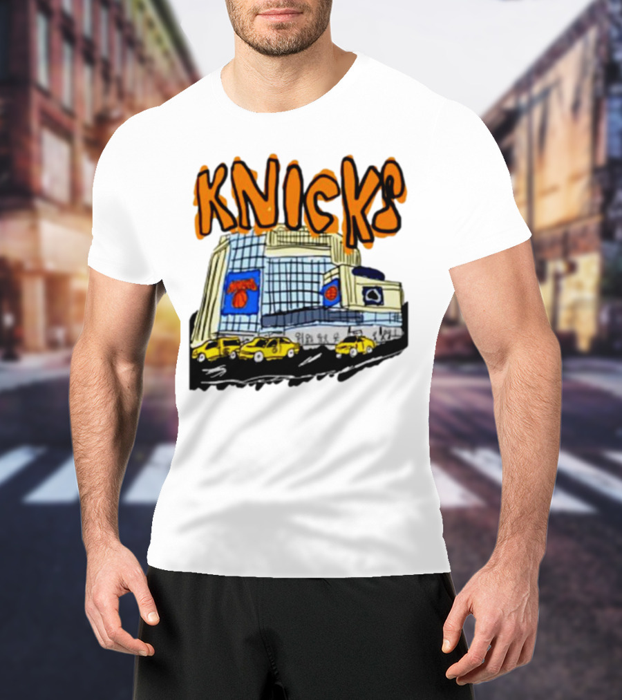 Knicks New York City Taxi Sketch With Arena Background T-Shirt