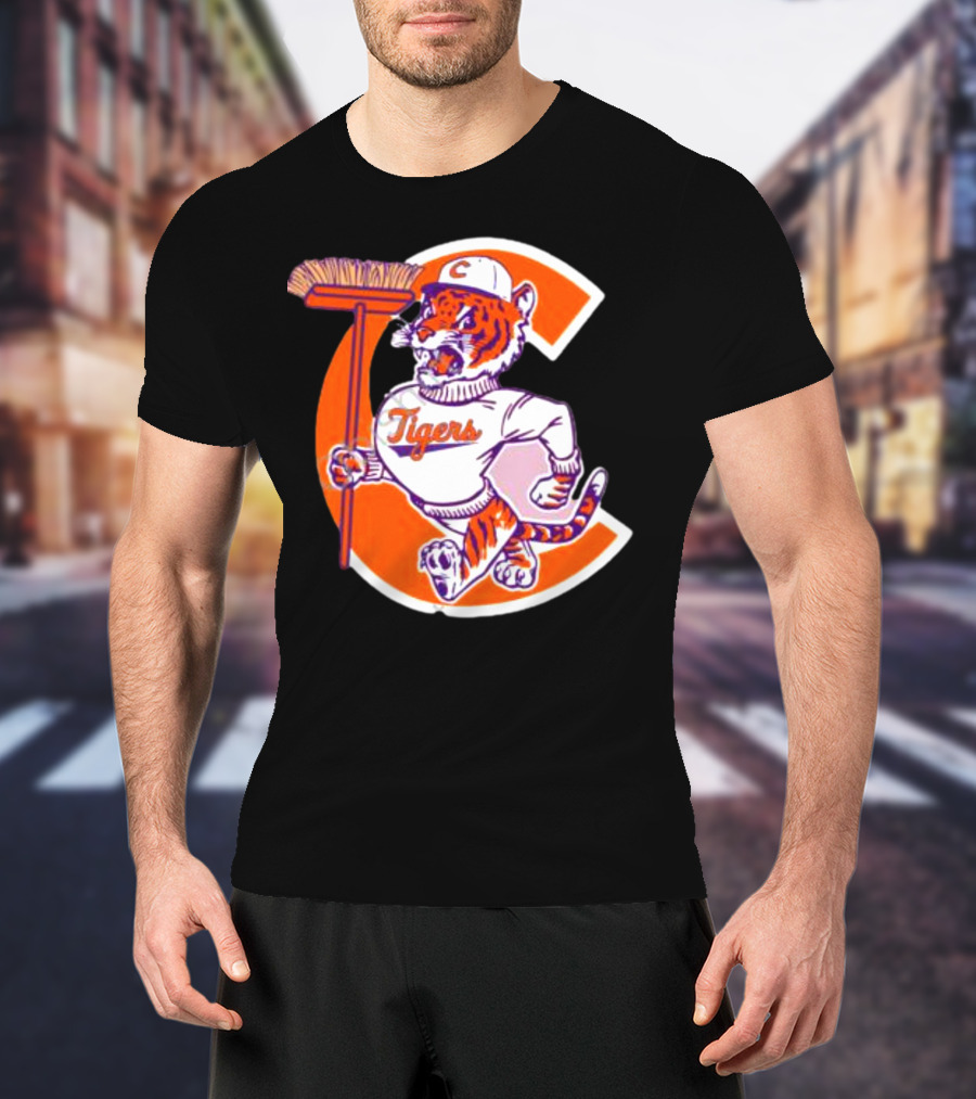 Clemson Tigers Vintage Logo With Broom And Letter C T-Shirt