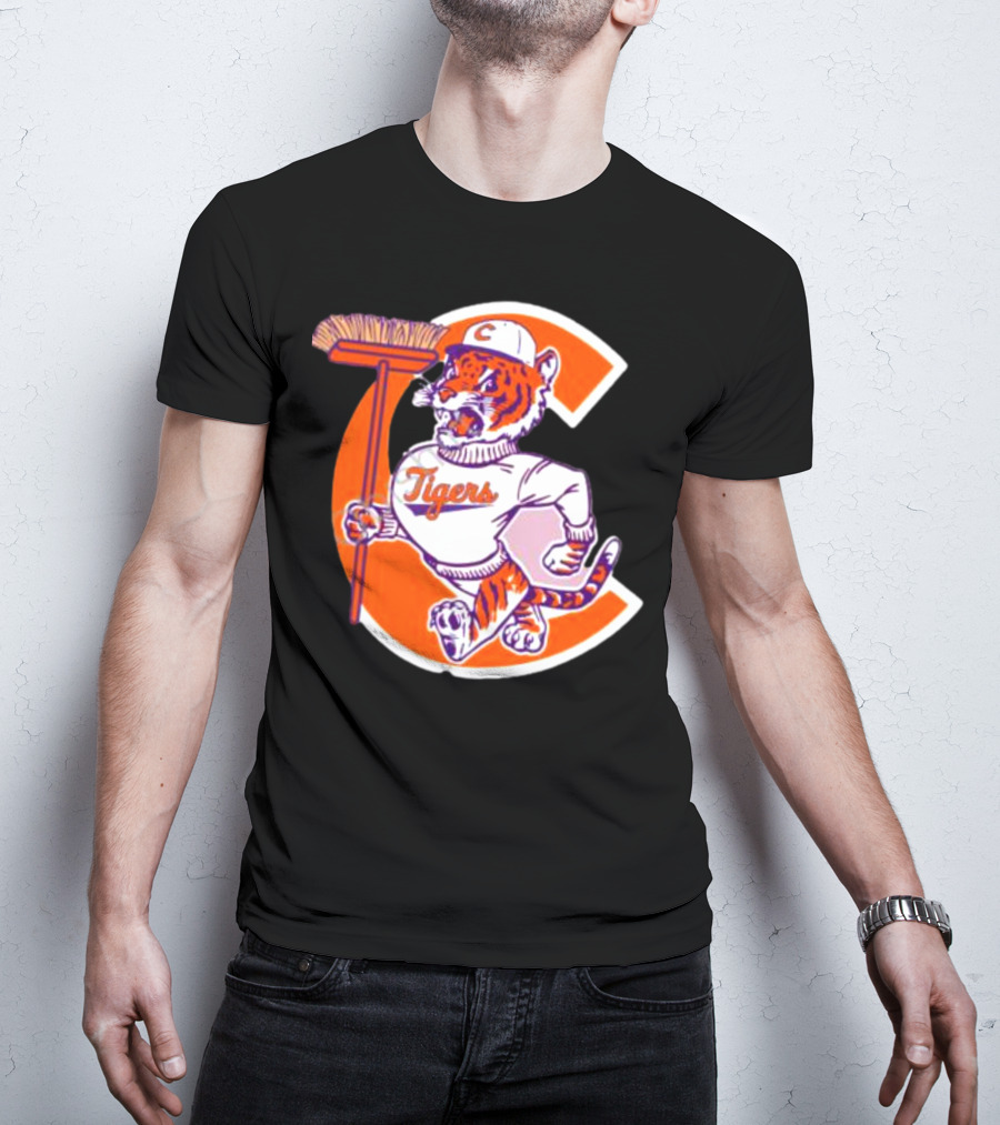 Clemson Tigers Vintage Logo With Broom And Letter C T-Shirt