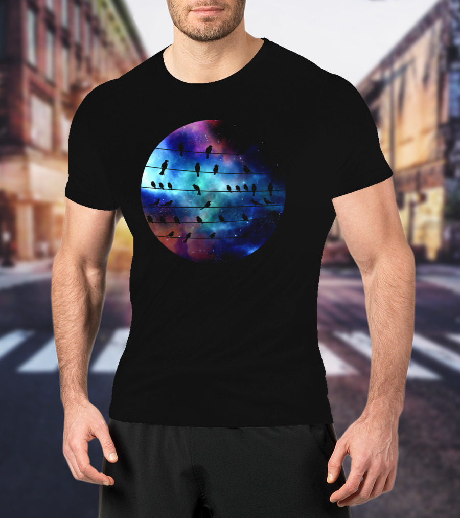 Birds On A Wire Cosmic Galaxy Silhouette In Space T-Shirt