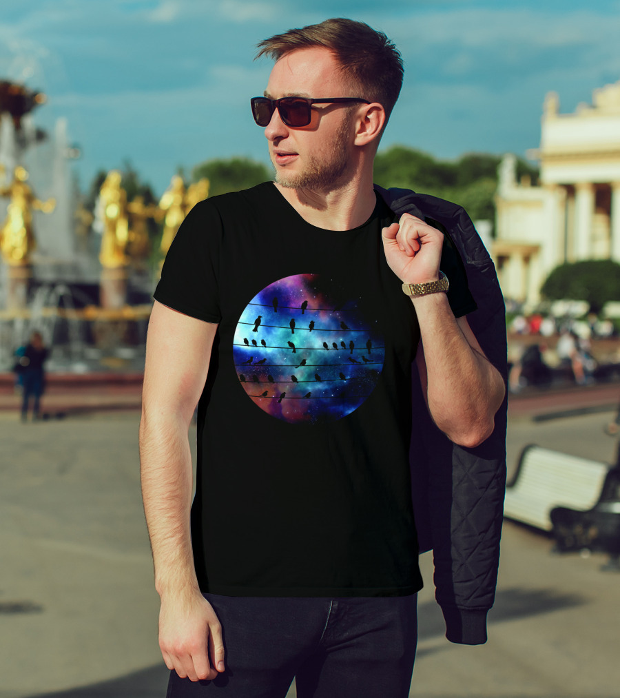 Birds On A Wire Cosmic Galaxy Silhouette In Space T-Shirt