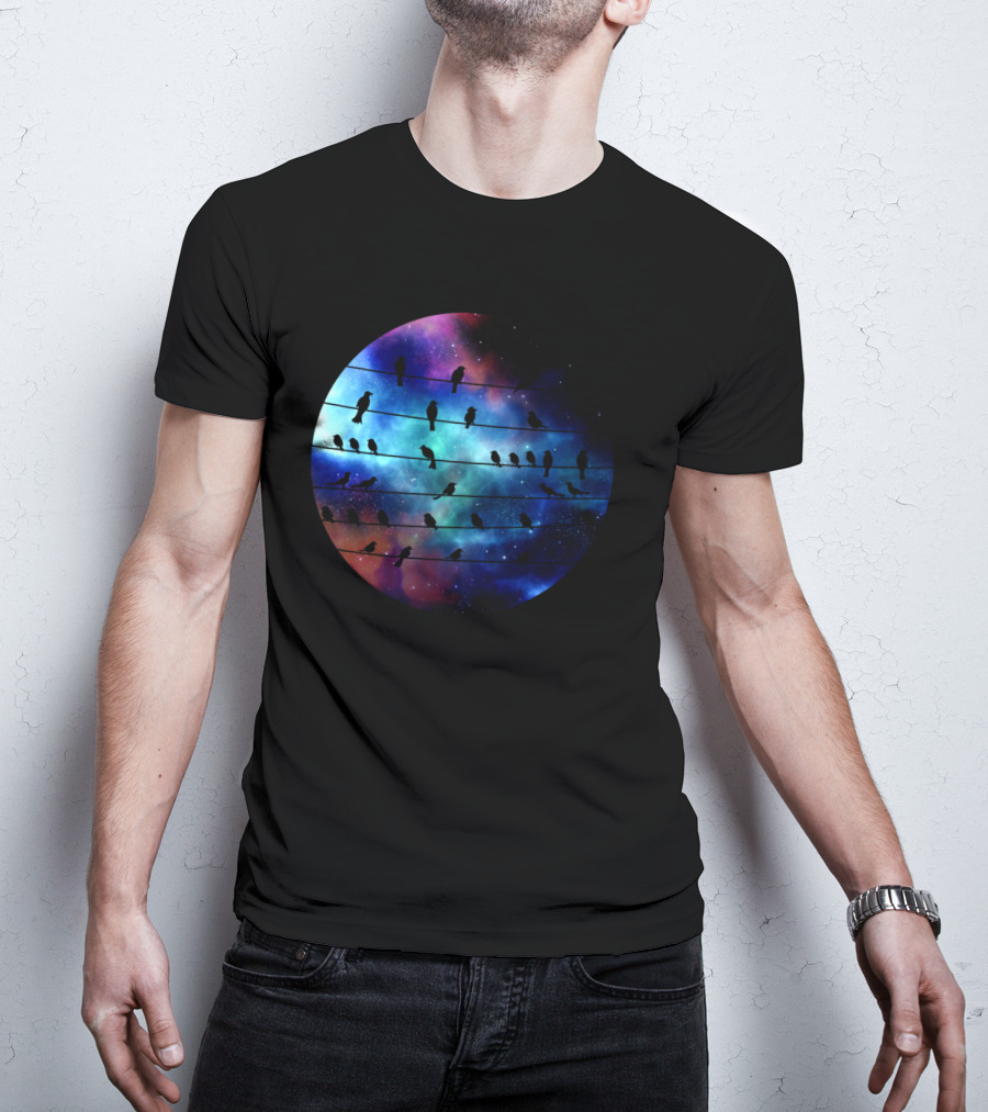 Birds On A Wire Cosmic Galaxy Silhouette In Space T-Shirt